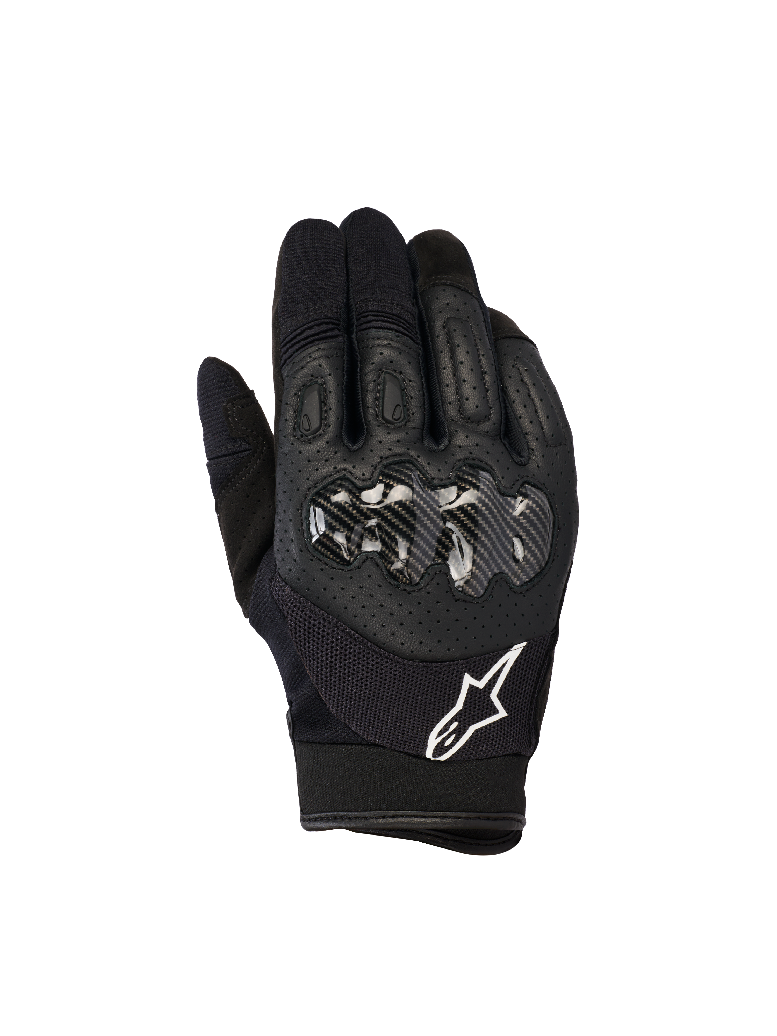 Alpinestars Megawatt V2, guantes de motocross y enduro en color negro, con protector de nudillos rígido de acabado estilo carbono, parte superior de cuero perforado para transpirabilidad, logotipo blanco de Alpinestars en el puño y protección duradera para off-road