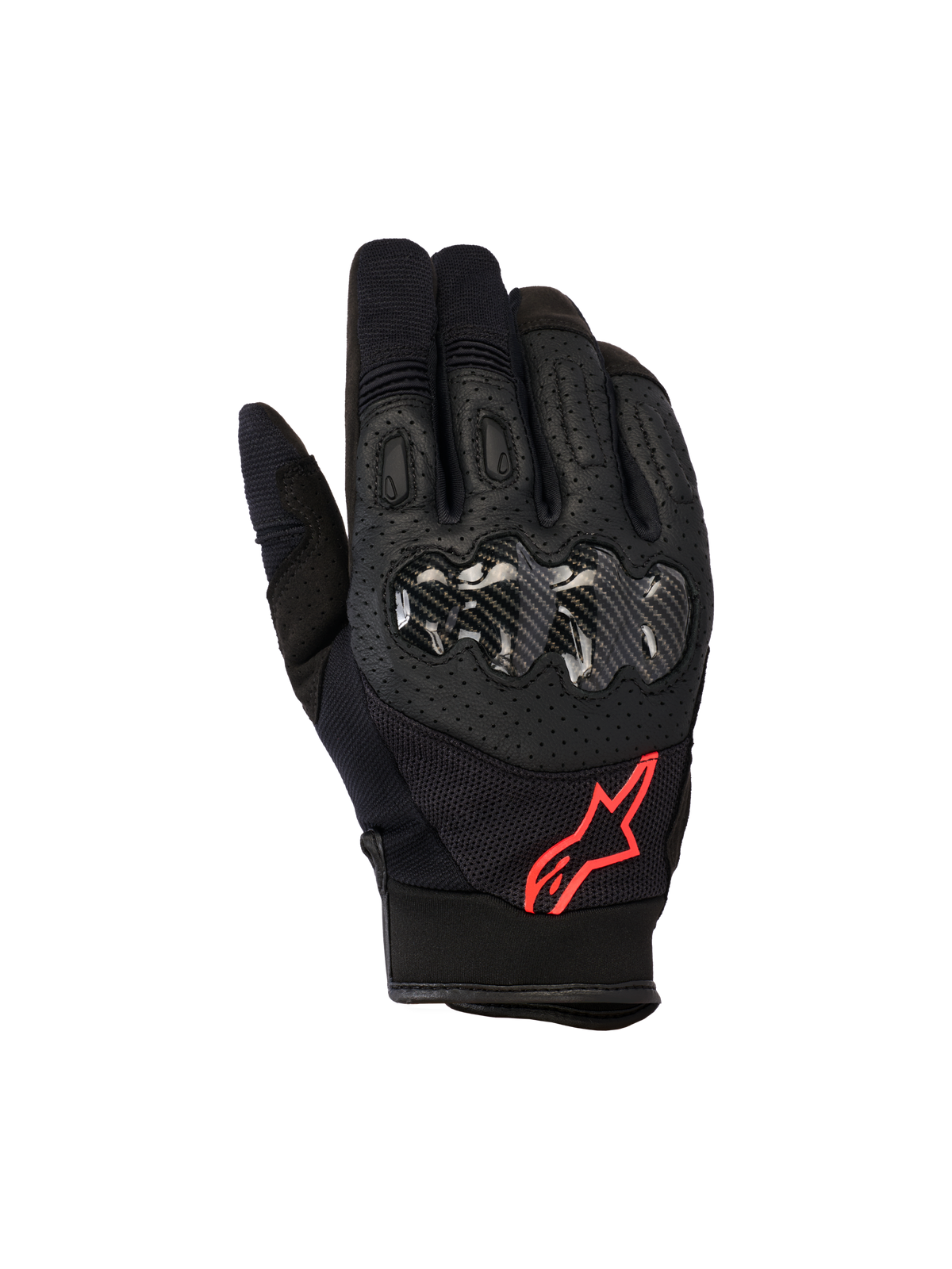 Guantes Alpinestars Megawatt V2, guantes de motocross, negro y rojo flúor, con protección rígida de nudillos con textura de carbono, cuero perforado para ventilación y logotipo de estrella roja, equipamiento resistente para todoterreno