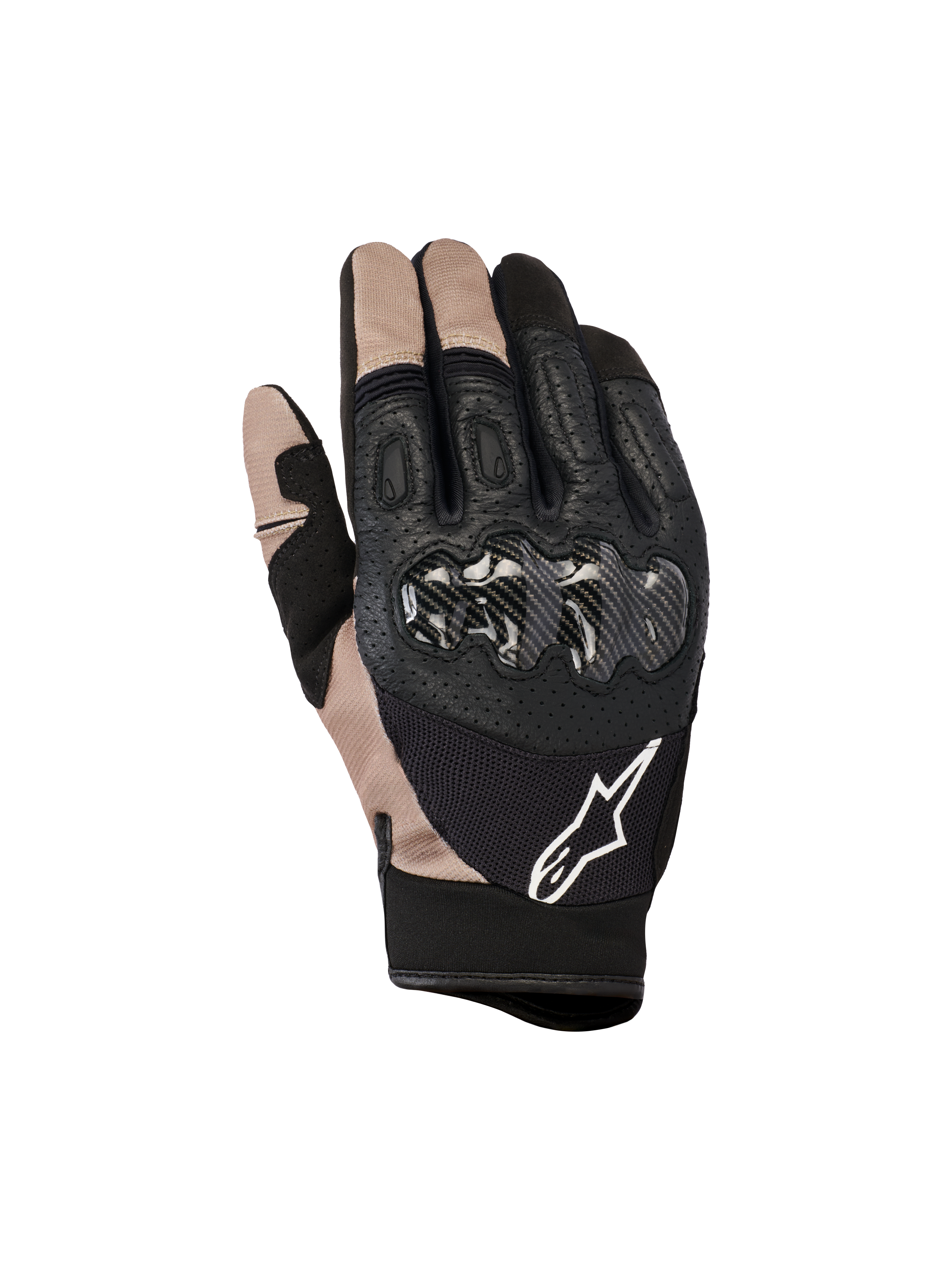 Alpinestars Megawatt V2 Gloves, guantes de motocross y enduro, negro piedra y beige, protección de nudillos de fibra de carbono, construcción de cuero perforado y malla, logo Alpinestars blanco