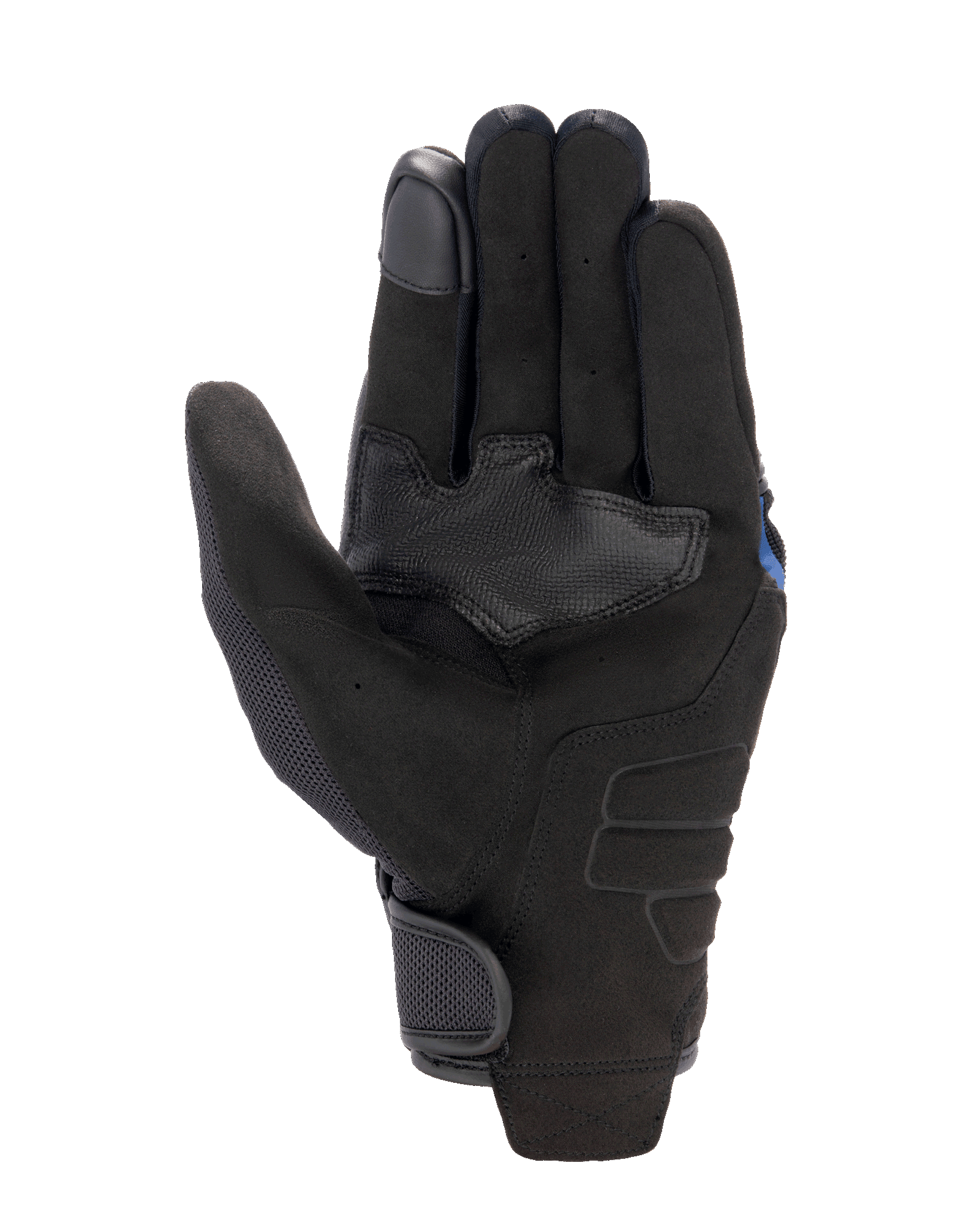 Guantes Alpinestars FQ20 Copper, guantes urbanos para motocicleta, negros, vista de la palma con material de gamuza sintética, parche de refuerzo de agarre texturizado, paneles de malla en el pulgar y cierre de muñeca con gancho y bucle.