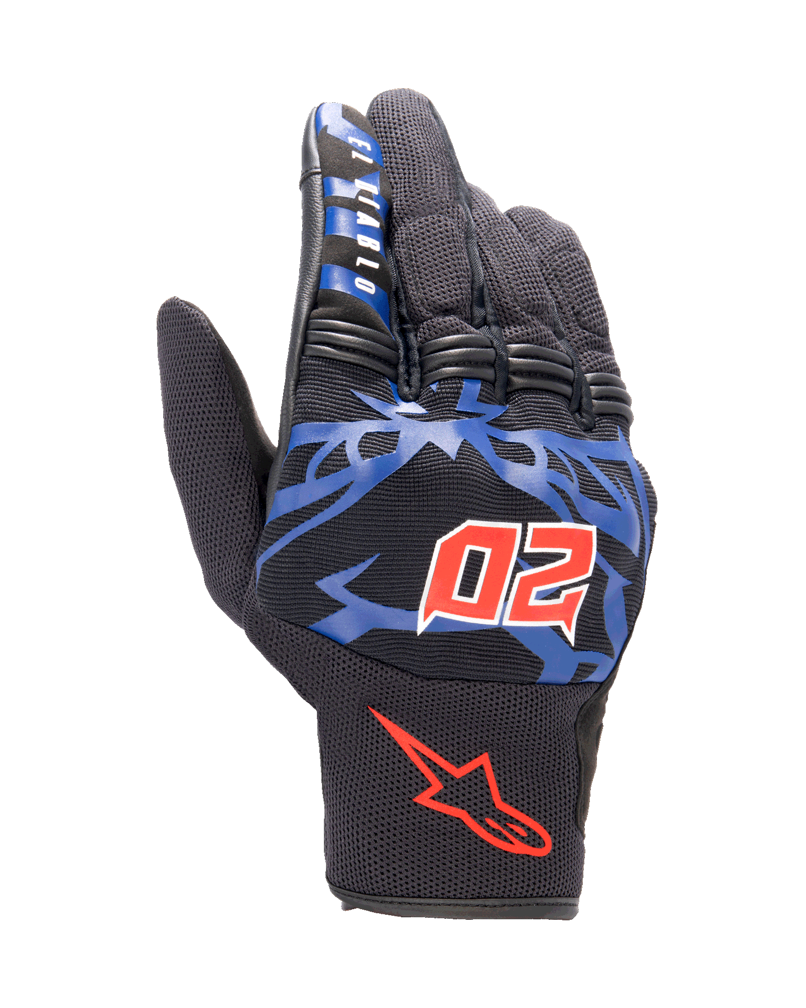 Guantes Alpinestars FQ20 Copper, guantes de moto urbanos, negros con gráficos azules y detalles en rojo brillante, con el número 20 rojo con cuernos y el texto "El Diablo" en el dedo índice, confección en tejido de malla con diseño de puño corto