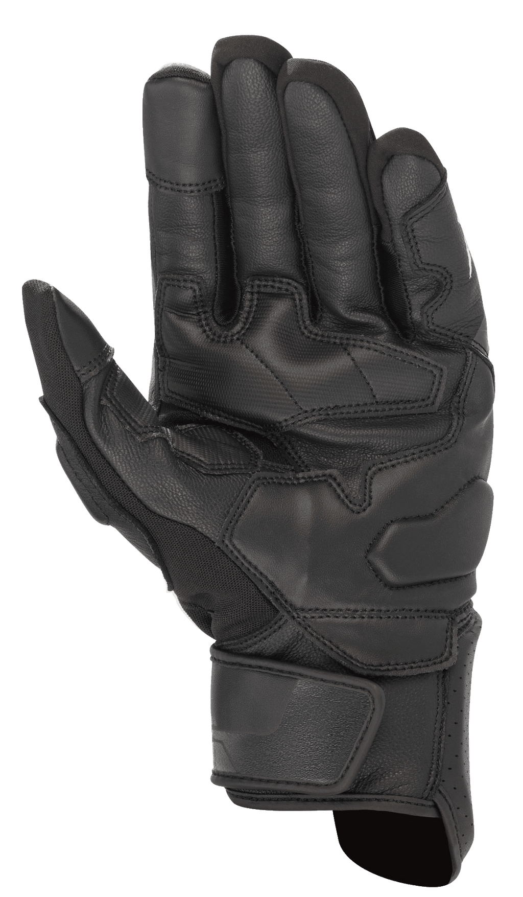 Alpinestars Booster V2 Gloves, Black, palm view of the motorcycle glove showing the durable leather construction, reinforced grip panels on the palm and thumb, and an adjustable wrist strap.