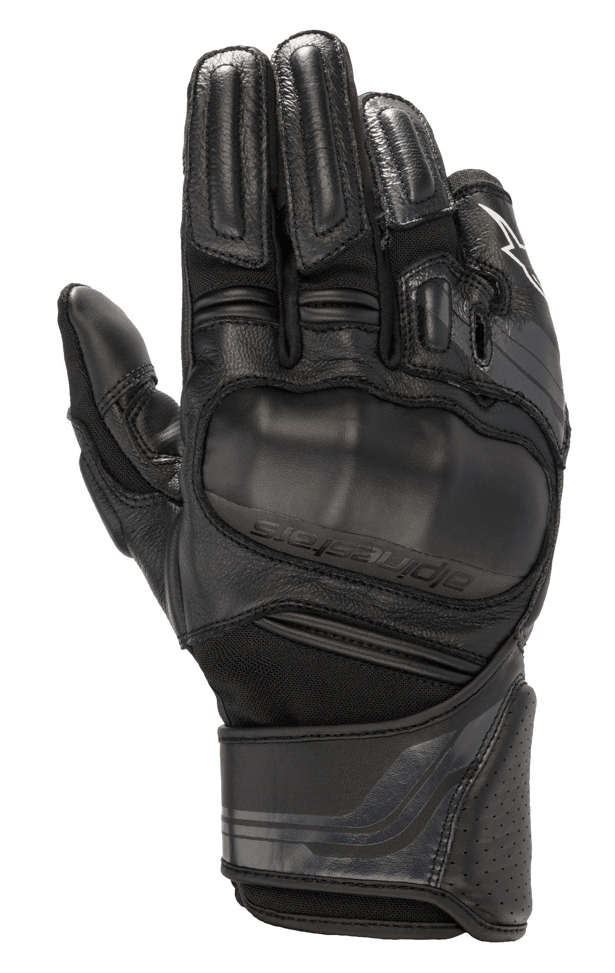 Alpinestars Booster V2, guantes de moto negros con protector de nudillos viscoelástico sobremoldeado, construcción multipanel de cuero y tejido, protección acolchada en los dedos, puño de cuero perforado y correa ajustable en la muñeca