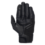 Guantes Alpinestars Celer V3, guantes de moto de cuero negro, vista de la palma que muestra el acolchado reforzado y la punta del dedo compatible con pantalla táctil, cuero de cabra duradero con marca Alpinestars sutil, equipamiento de carretera de puño corto