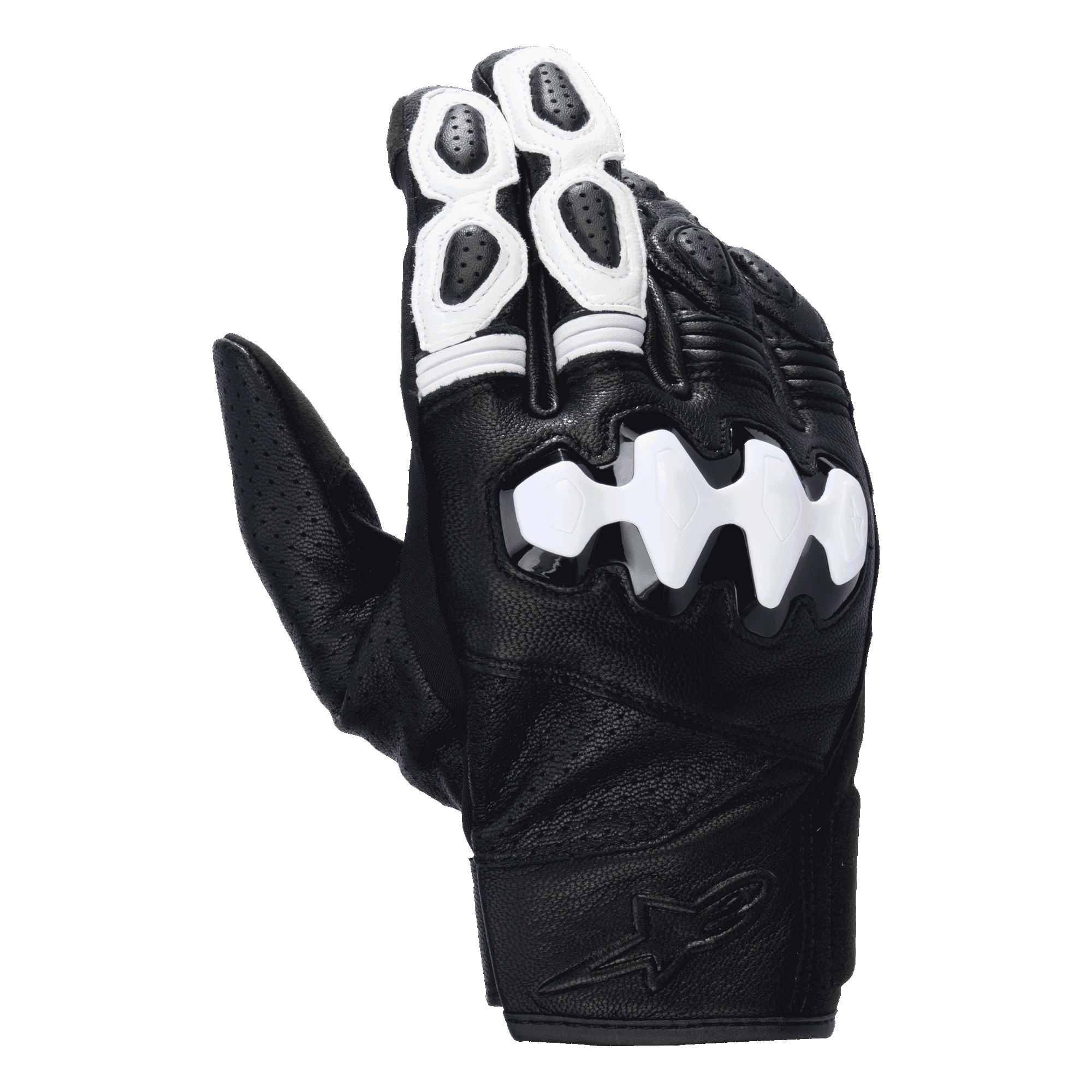 Guantes Alpinestars Celer V3, guantes de moto de puño corto, negros y blancos, con protector de nudillos rígido segmentado en blanco, confección en piel de cabra perforada, detalles blancos en los dedos y logo en relieve en la muñeca