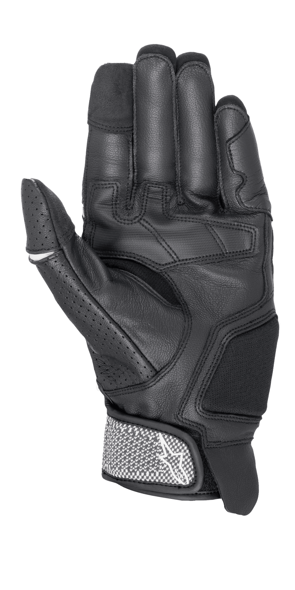 Guantes Alpinestars Morph Sport, guantes de moto, negro y blanco, vista de la palma con paneles reforzados, pulgar perforado y correa de muñeca texturizada con el logo de Alpinestars