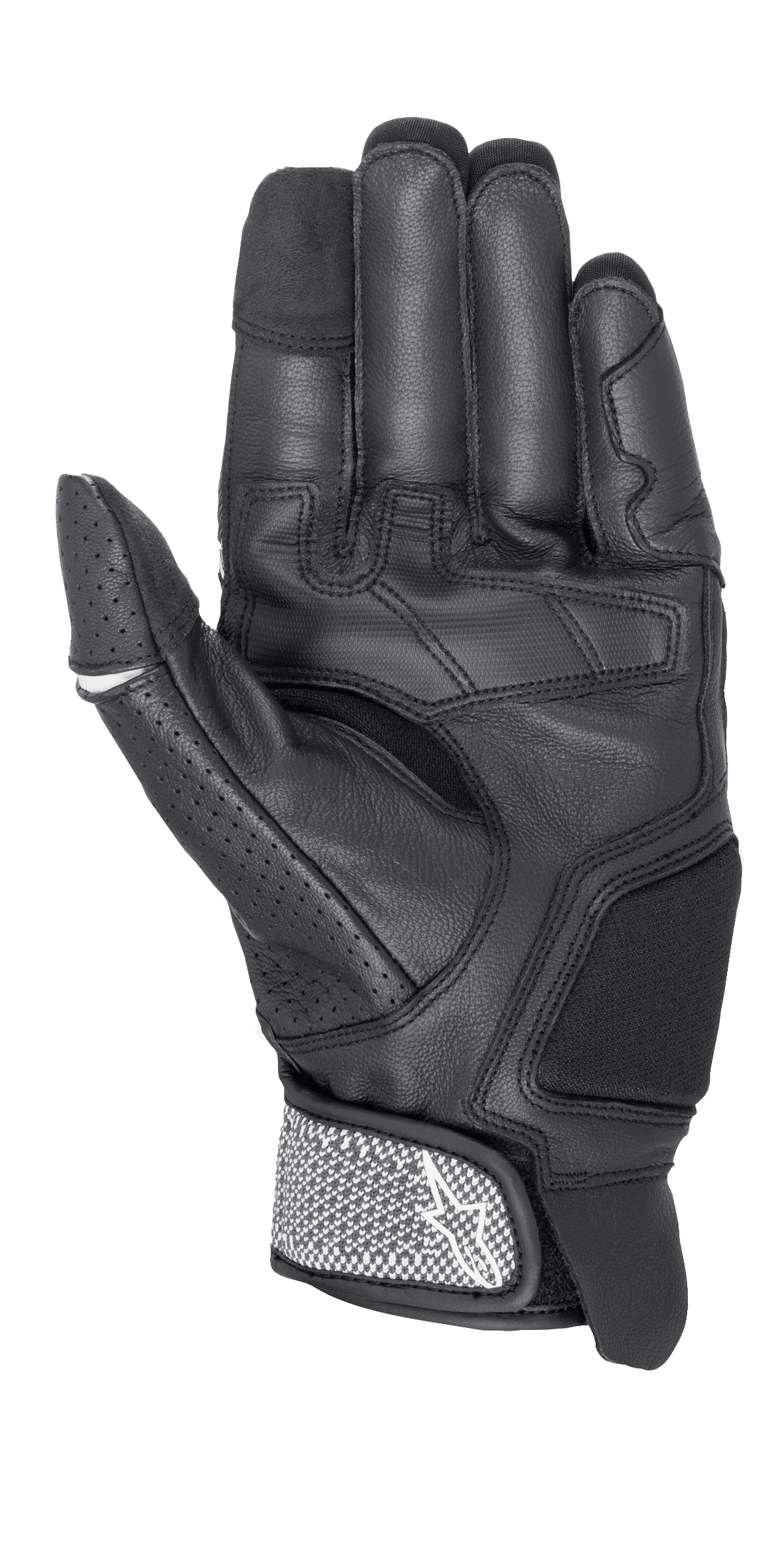 Guantes Alpinestars Morph Sport, guantes de moto, negro y blanco, vista de la palma con paneles reforzados, pulgar perforado y correa de muñeca texturizada con el logo de Alpinestars