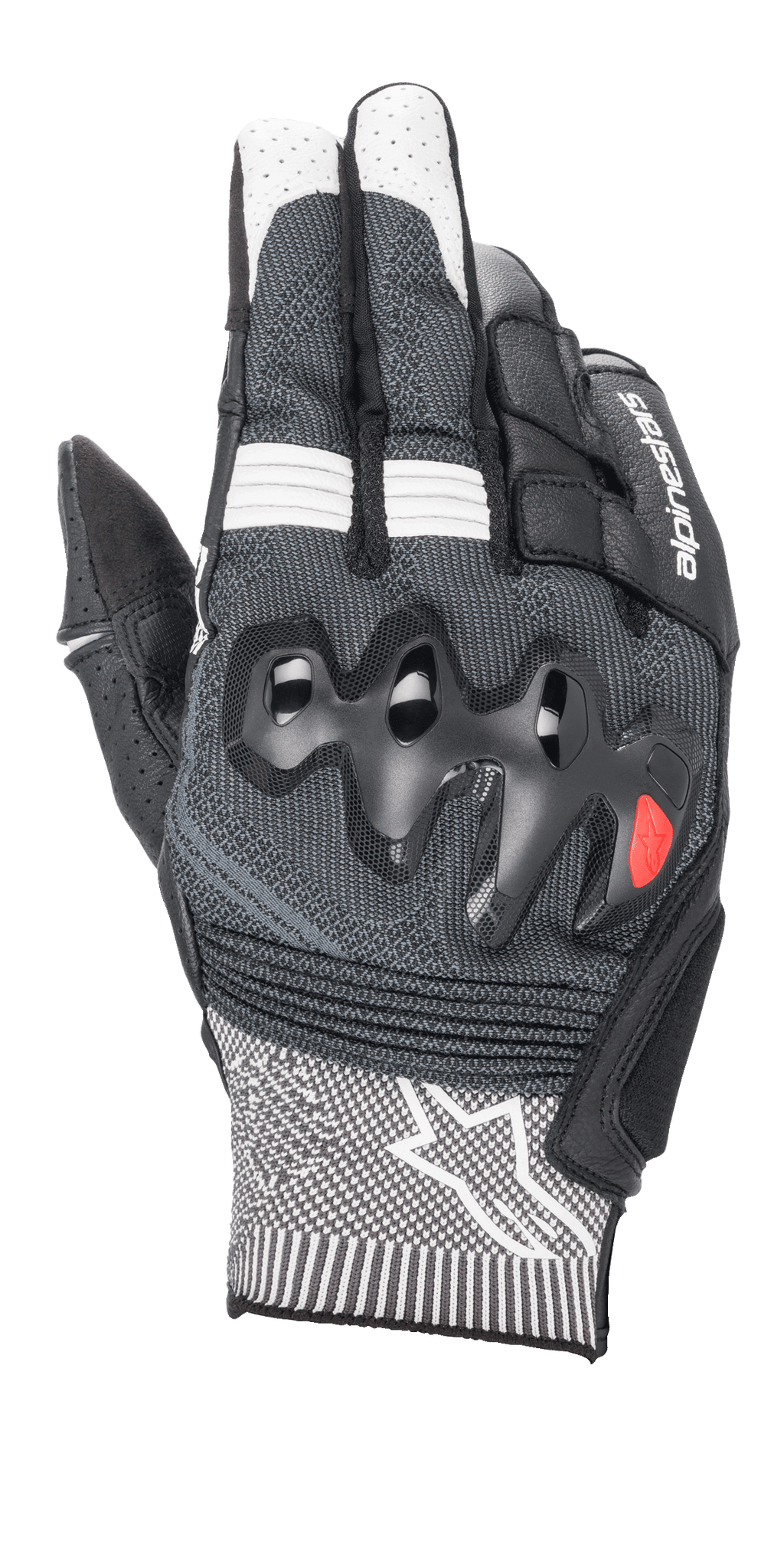 Guantes Alpinestars Morph Sport, guantes de moto, negros y blancos, con dorso de tejido MorphTech Weave gris, protección de nudillos sobreinyectada, inserciones RIDEKNIT y logotipo de estrella blanca en el puño