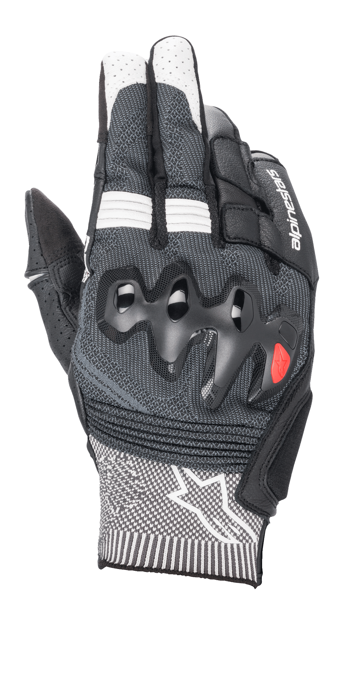 Guantes Alpinestars Morph Sport, guantes de moto, negros y blancos, con dorso de tejido MorphTech Weave gris, protección de nudillos sobreinyectada, inserciones RIDEKNIT y logotipo de estrella blanca en el puño