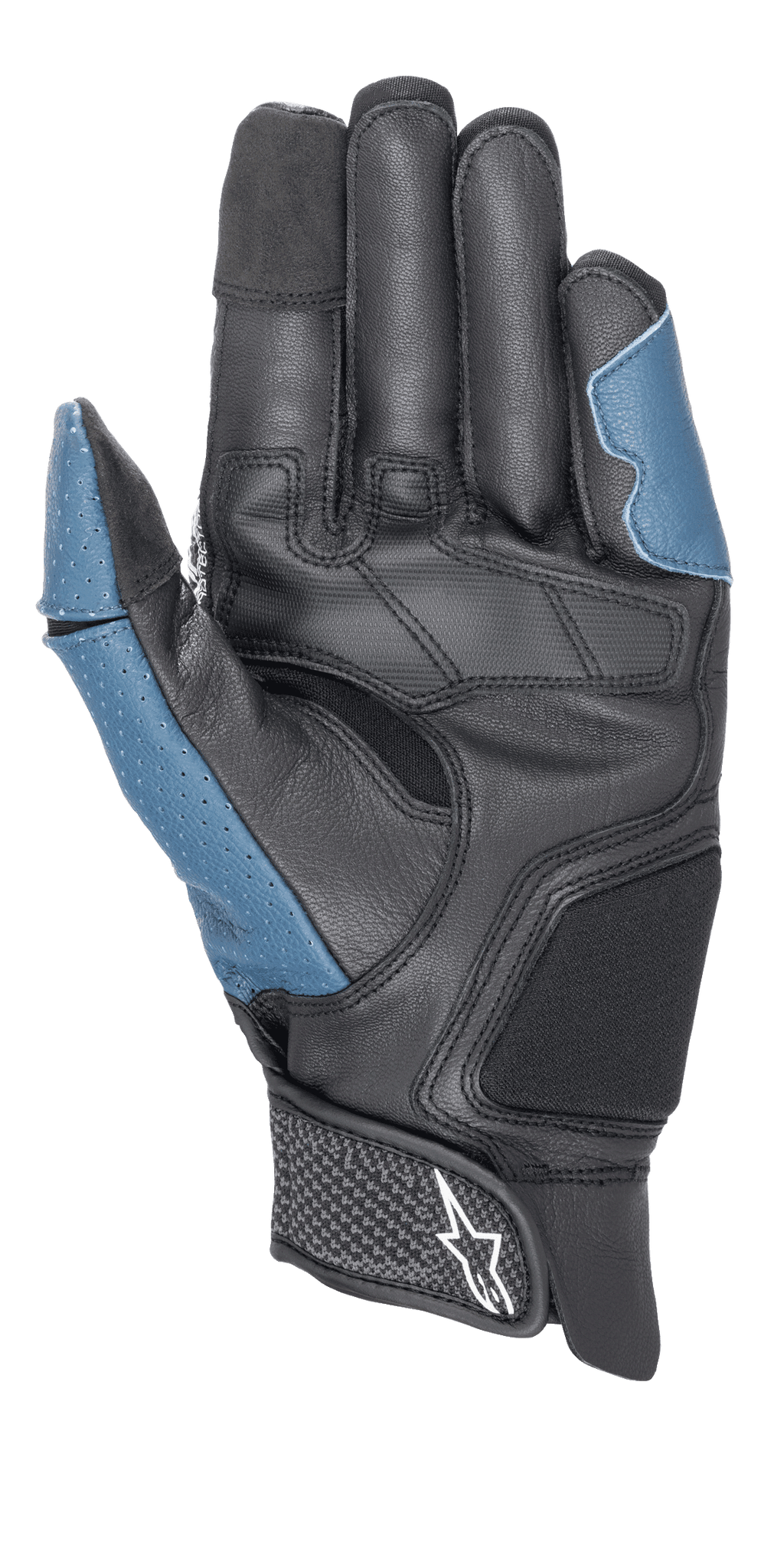 Guantes Alpinestars Morph Sport, vista de la palma, negro y azul sodalite, con palma de cuero reforzada, paneles azules perforados en el pulgar y el lateral exterior, puño corto con cierre de velcro y logotipo de Alpinestars, equipamiento de rendimiento para conducción deportiva y en carretera