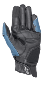 Guantes Alpinestars Morph Sport, vista de la palma, negro y azul sodalite, con palma de cuero reforzada, paneles azules perforados en el pulgar y el lateral exterior, puño corto con cierre de velcro y logotipo de Alpinestars, equipamiento de rendimiento para conducción deportiva y en carretera