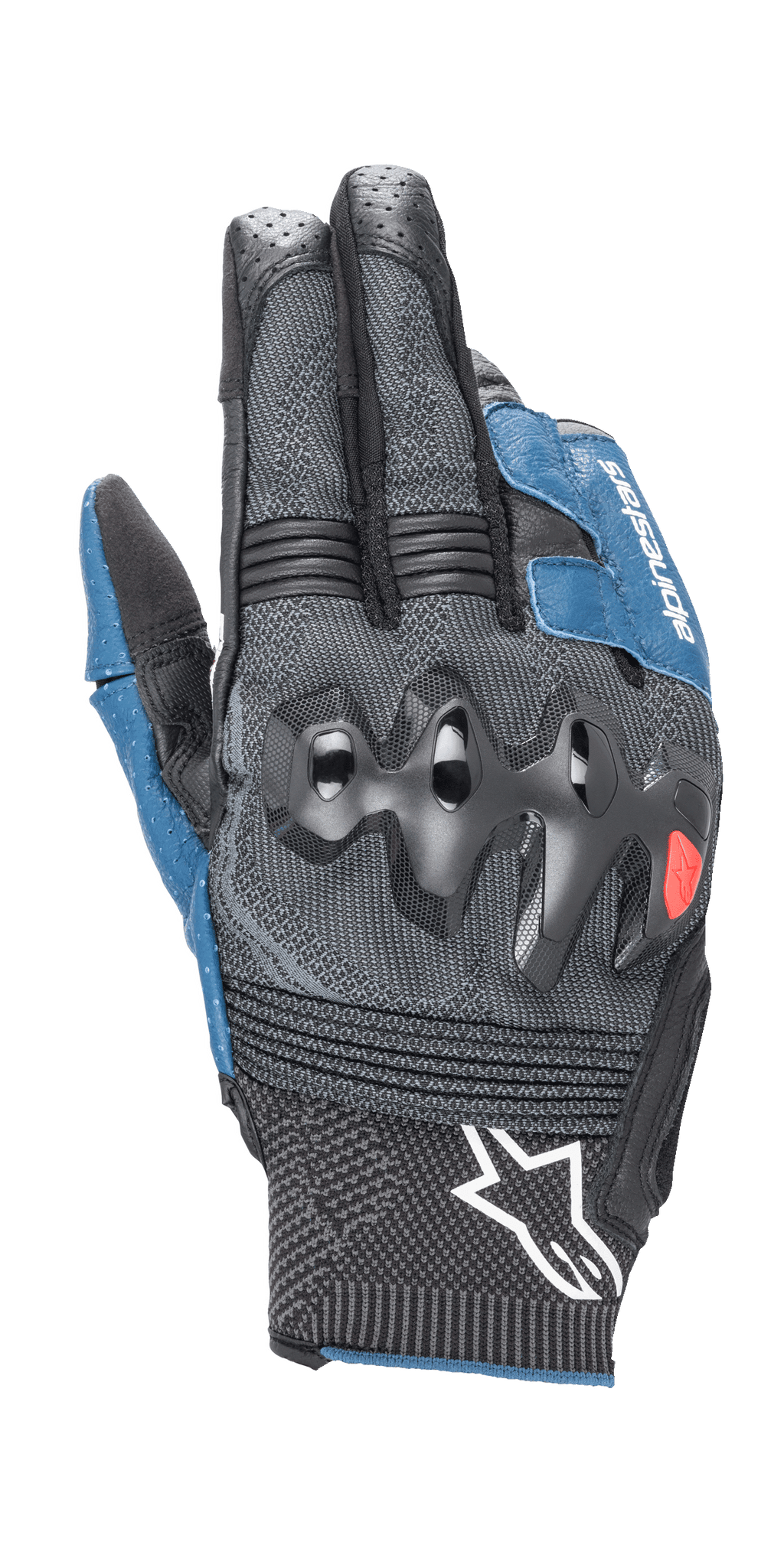 Guantes Alpinestars Morph Sport, guantes de moto, negros y azul sodalita, con protectores de nudillos sobreinyectados, dorso de MorphTech Weave con inserciones RIDEKNIT, logotipo de estrella blanca en el puño, tejido técnico texturizado para conducción en carretera