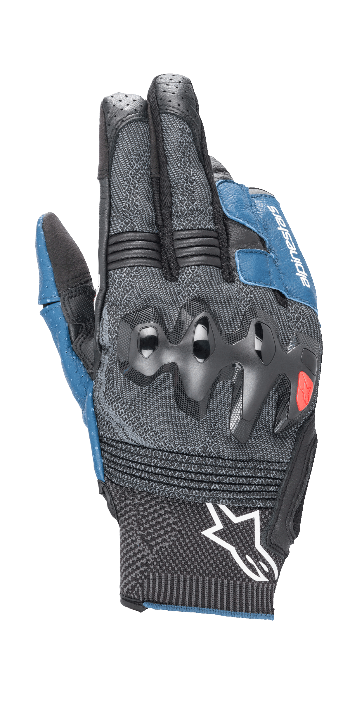 Guantes Alpinestars Morph Sport, guantes de moto, negros y azul sodalita, con protectores de nudillos sobreinyectados, dorso de MorphTech Weave con inserciones RIDEKNIT, logotipo de estrella blanca en el puño, tejido técnico texturizado para conducción en carretera