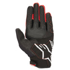 Guantes Alpinestars Honda SMX-2 Air Carbon V2, guantes de moto, negros y rojos, vista de la palma con construcción de cuero y malla 3D, logotipo blanco de Alpinestars, áreas reforzadas en la palma y el pulgar para el agarre, diseño de puño corto