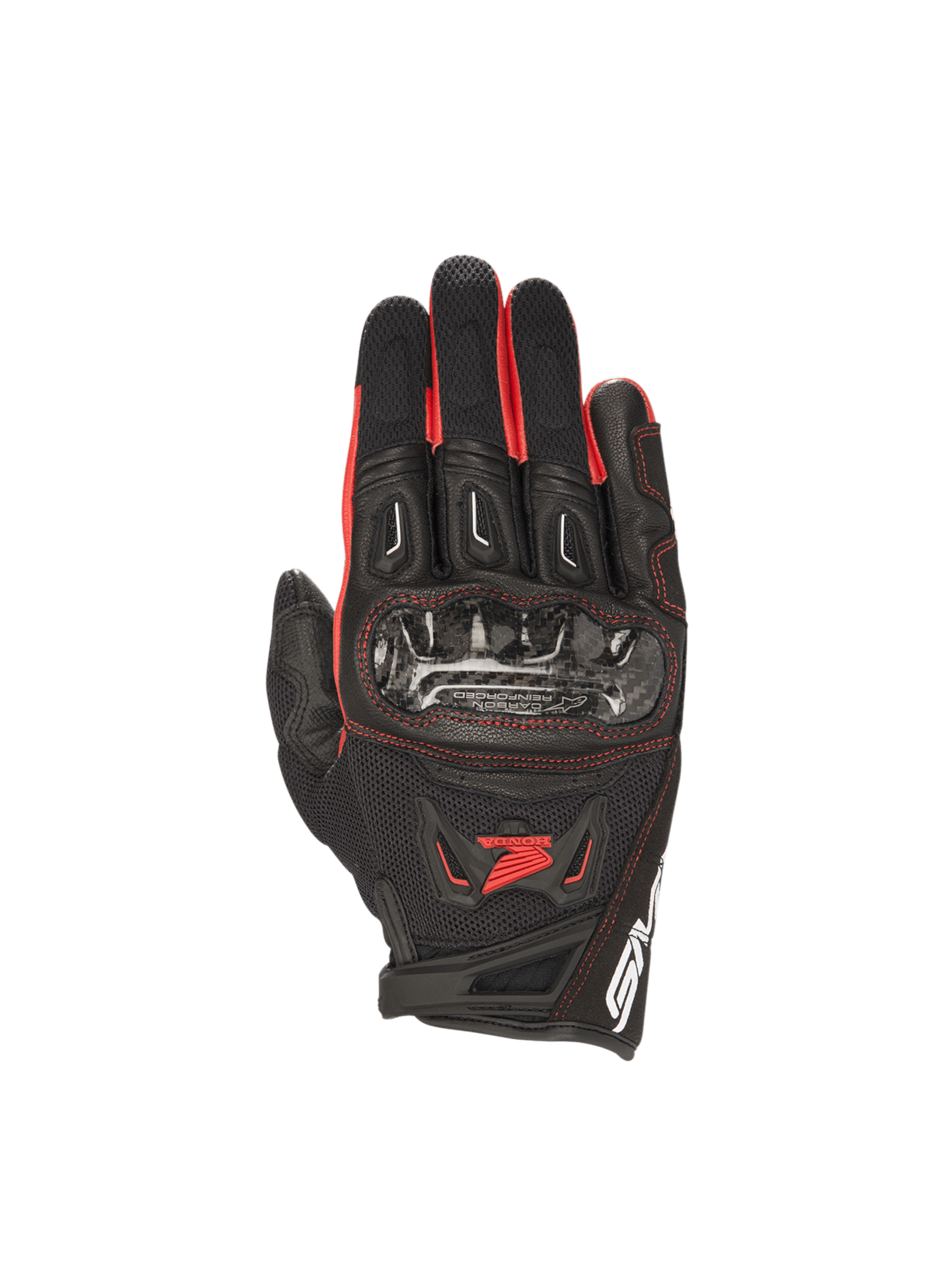 Guantes Alpinestars Honda SMX-2 Air Carbon V2 para hombre, negros y rojos, con protección de carbono y malla transpirable.