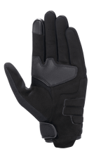 Alpinestars Honda Copper Glove, Black, palm view of urban motorcycle glove featuring synthetic suede construction, reinforced palm area, touchscreen-compatible fingertip, and hook-and-loop wrist closure.