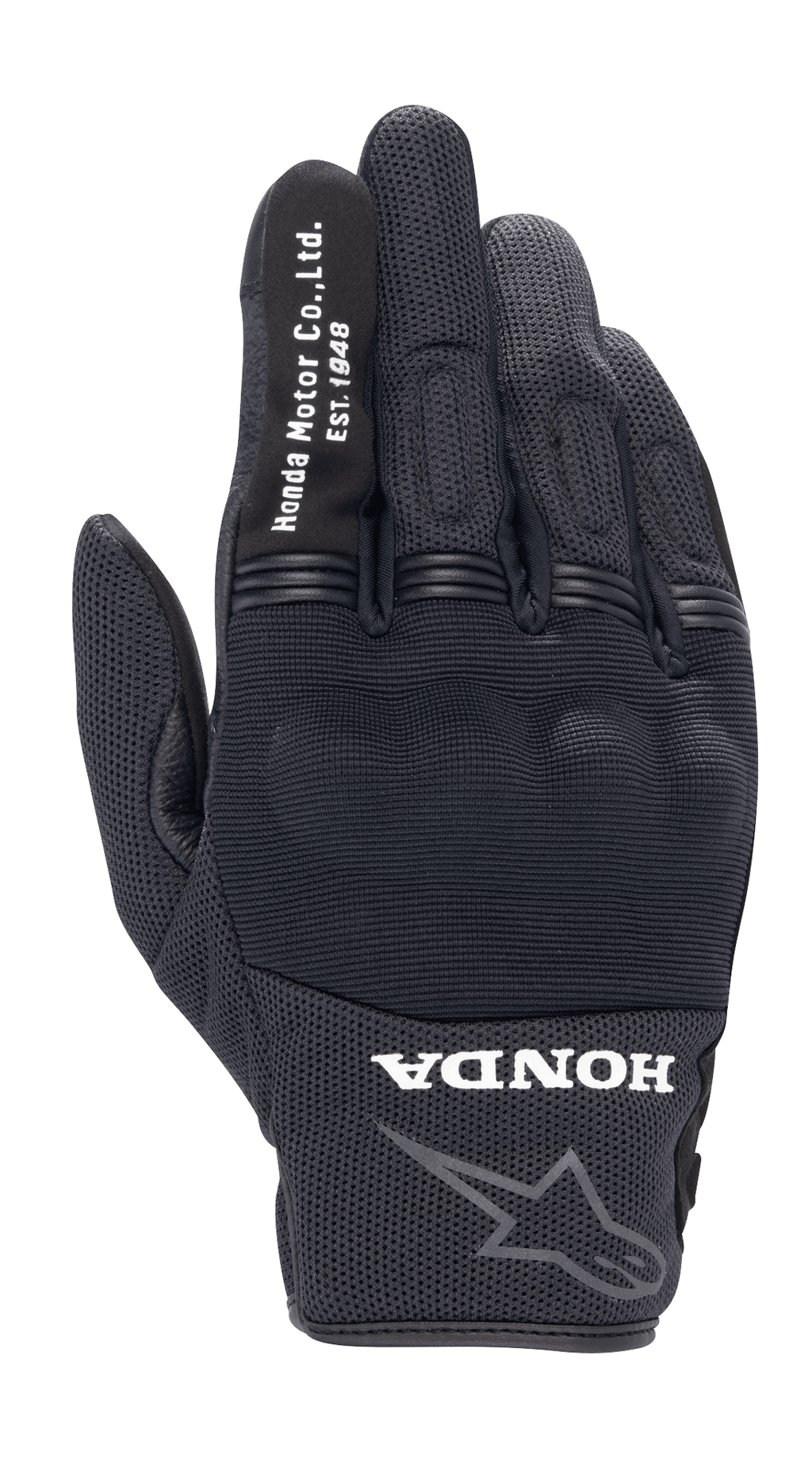 Alpinestars Honda Copper Glove, Black Urban Motorcycle Glove, textured mesh construction, white 'Honda Motor Co. Ltd. Est. 1948' text on the index finger, 'HONDA' logo and Alpinestars star outline on the wrist, hard knuckle protection, lightweight gear for road riding
