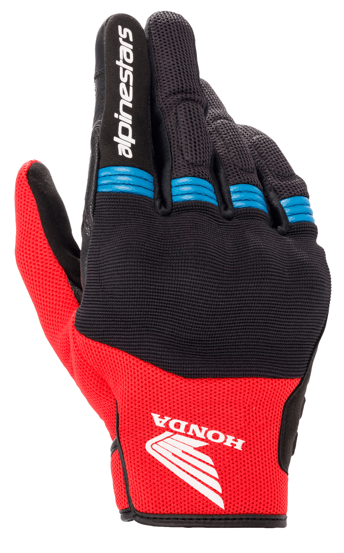Guante Alpinestars Honda Copper, guantes de moto, negro y rojo brillante con acentos azules, con el logotipo del ala de Honda en el dorso, marca Alpinestars en el dedo índice, construcción de malla con detalles de acordeón en los dedos, estilo urbano de puño corto