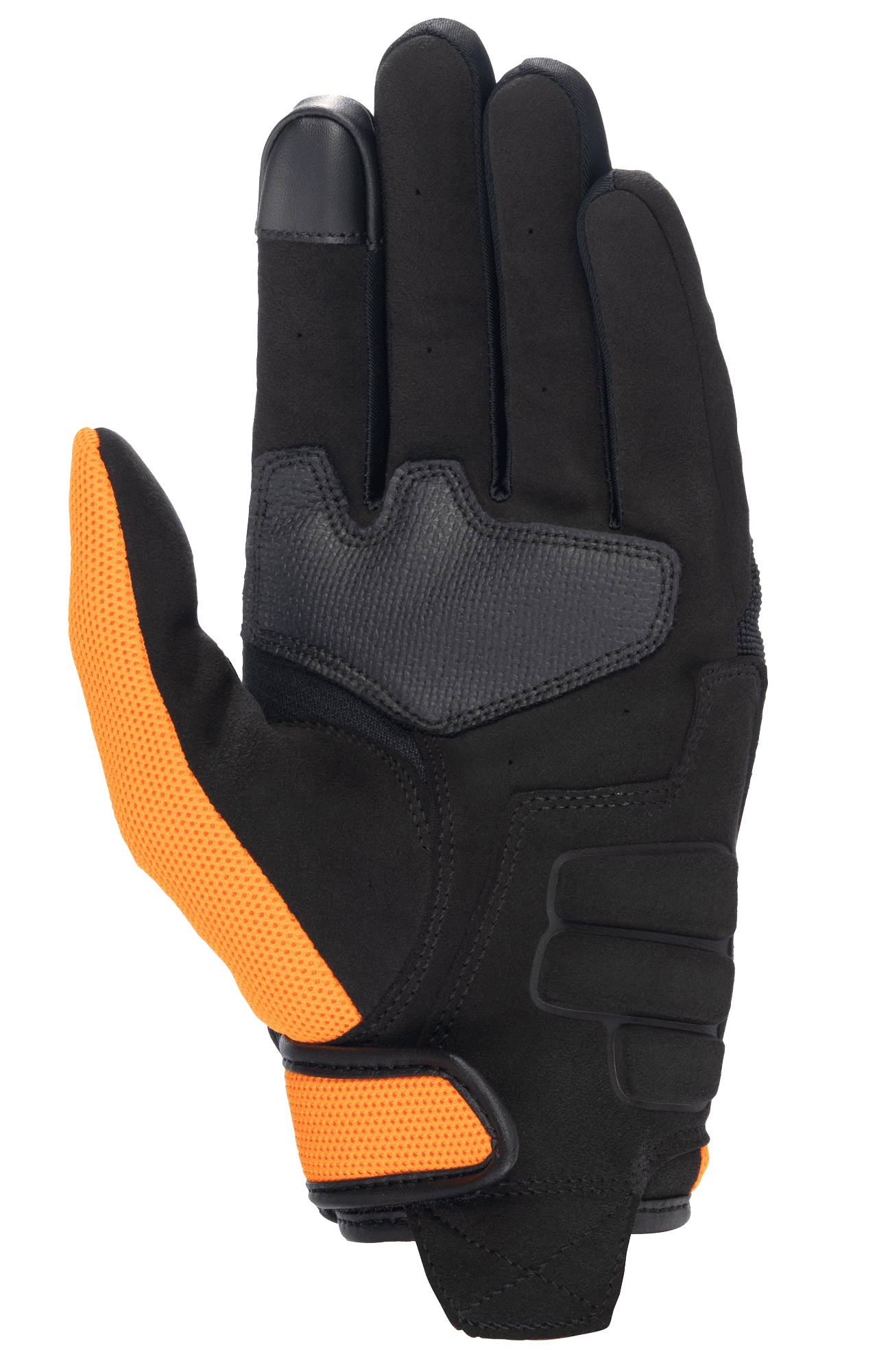 Guante Honda Copper, guante de moto, negro y naranja, vista de la palma con palma de ante sintético, pulgar y correa de muñeca en malla naranja, y punta del dedo índice compatible con pantallas táctiles