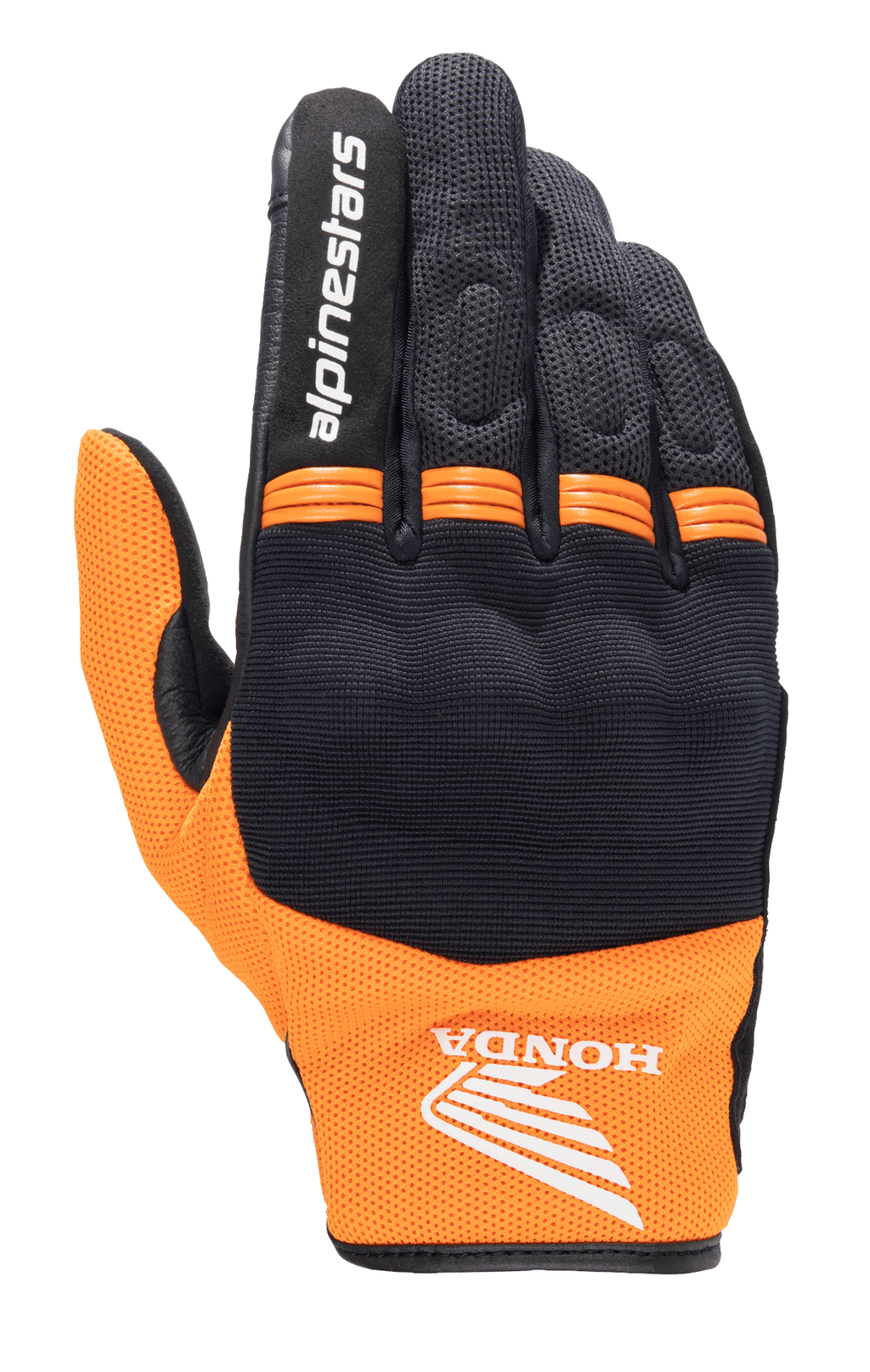 Alpinestars Honda Copper Glove, guante de moto urbano ligero, negro y naranja, con el logotipo del ala de Honda en la muñeca, texto Alpinestars en el dedo índice, confección en malla y paneles de acordeón naranjas en los nudillos