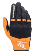 Alpinestars Honda Copper Glove, guante de moto urbano ligero, negro y naranja, con el logotipo del ala de Honda en la muñeca, texto Alpinestars en el dedo índice, confección en malla y paneles de acordeón naranjas en los nudillos