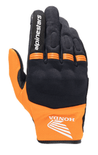 Alpinestars Honda Copper Glove, guante de moto urbano ligero, negro y naranja, con el logotipo del ala de Honda en la muñeca, texto Alpinestars en el dedo índice, confección en malla y paneles de acordeón naranjas en los nudillos