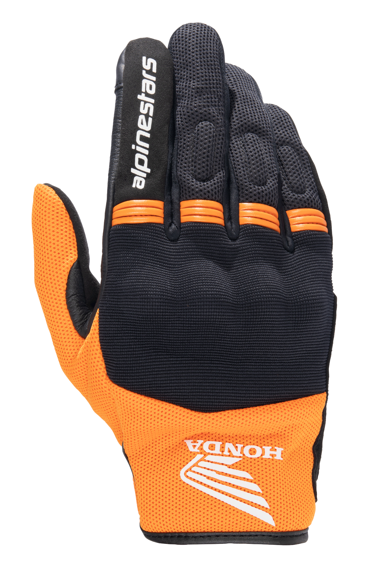 Alpinestars Honda Copper Glove, guante de moto urbano ligero, negro y naranja, con el logotipo del ala de Honda en la muñeca, texto Alpinestars en el dedo índice, confección en malla y paneles de acordeón naranjas en los nudillos