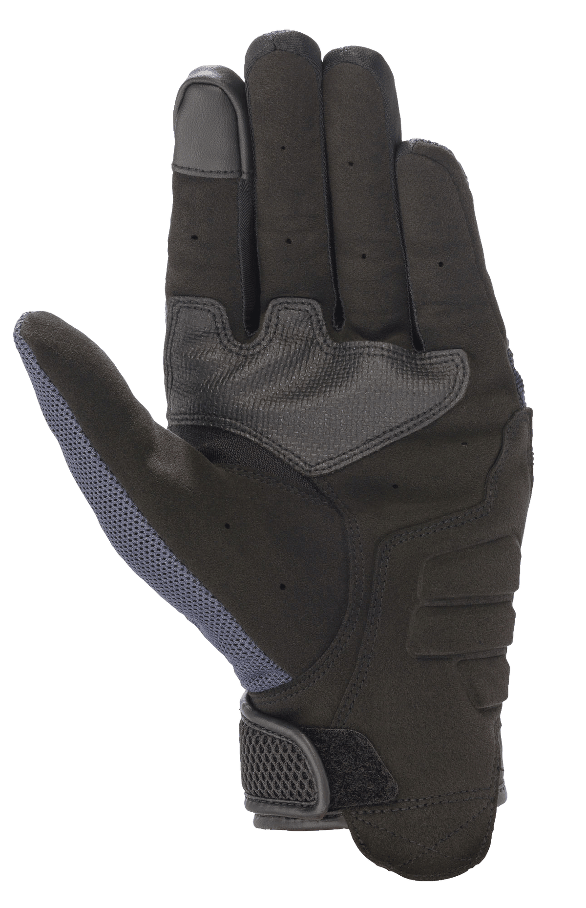Guantes Alpinestars Copper, guantes de moto, azul Mood Indigo, vista de la palma con construcción de ante sintético, acolchado reforzado, punta del dedo compatible con pantallas táctiles y panel de malla en el pulgar para protección urbana ligera