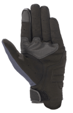 Guantes Alpinestars Copper, guantes de moto, azul Mood Indigo, vista de la palma con construcción de ante sintético, acolchado reforzado, punta del dedo compatible con pantallas táctiles y panel de malla en el pulgar para protección urbana ligera