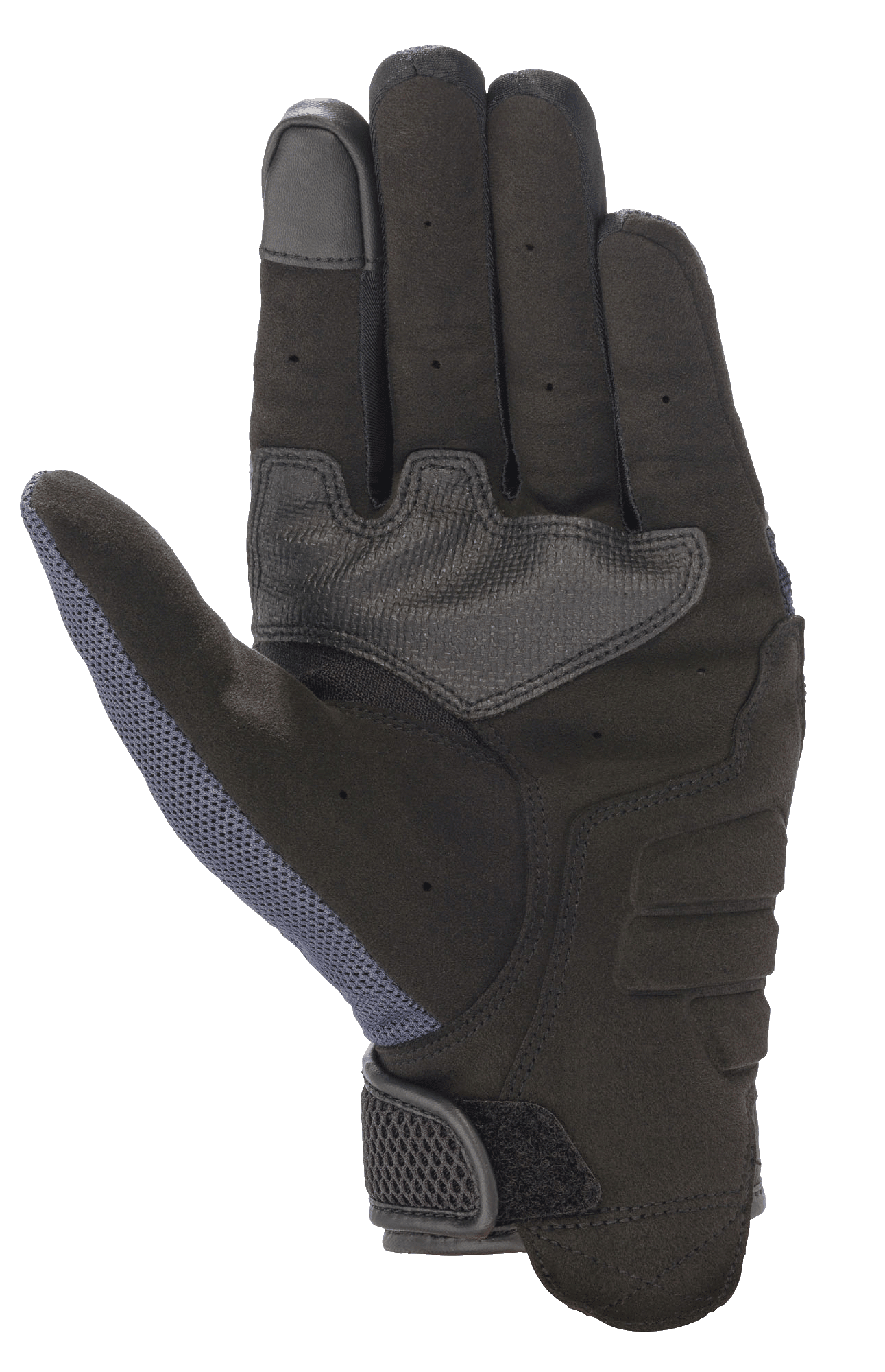 Guantes Alpinestars Copper, guantes de moto, azul Mood Indigo, vista de la palma con construcción de ante sintético, acolchado reforzado, punta del dedo compatible con pantallas táctiles y panel de malla en el pulgar para protección urbana ligera