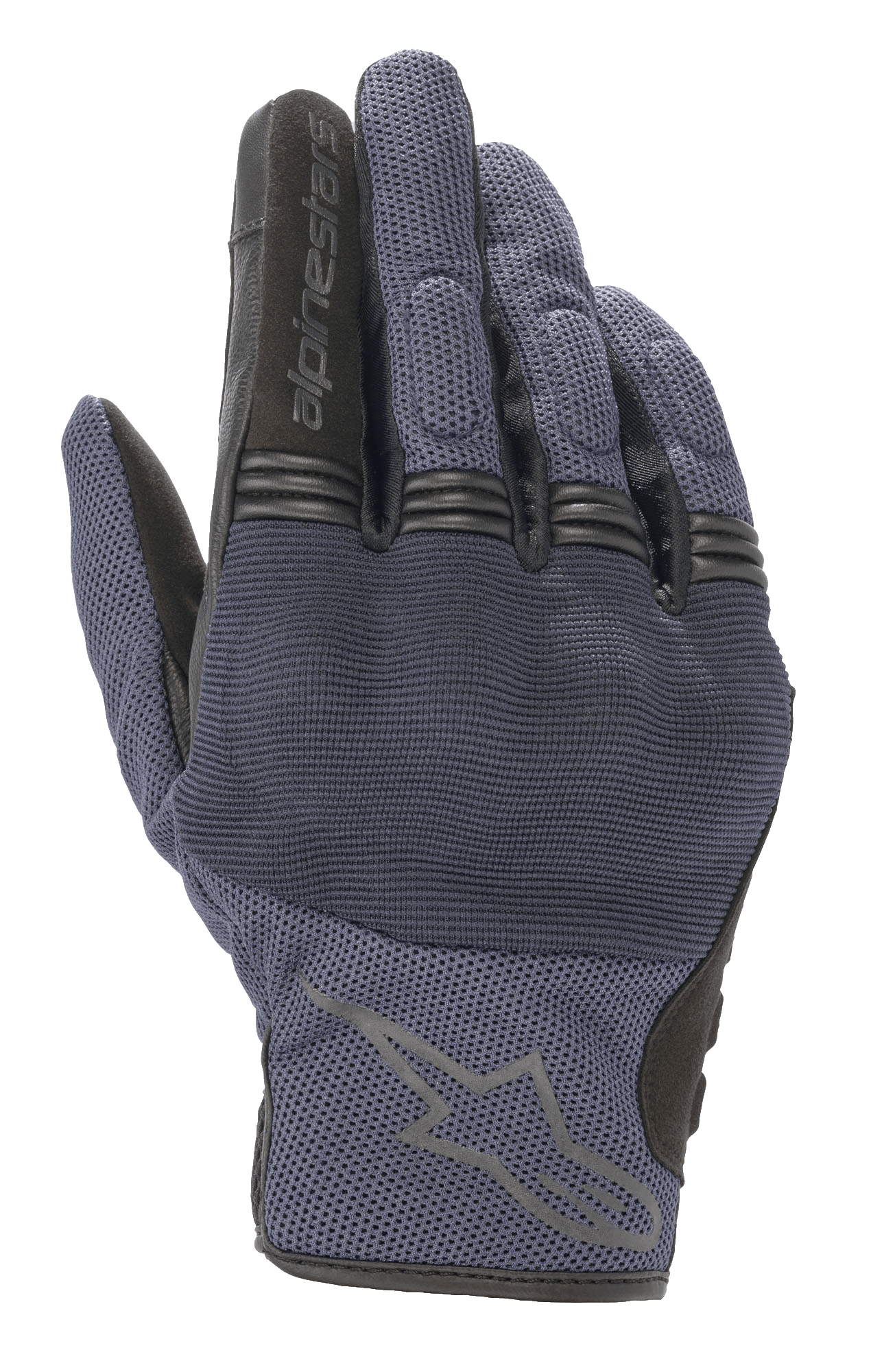 Guantes Alpinestars Copper, guantes de moto urbanos, azul Mood Indigo con detalles negros, construcción de tejido de malla, con protección rígida en los nudillos y articulaciones de los dedos tipo acordeón, logotipo de Alpinestars en el dorso
