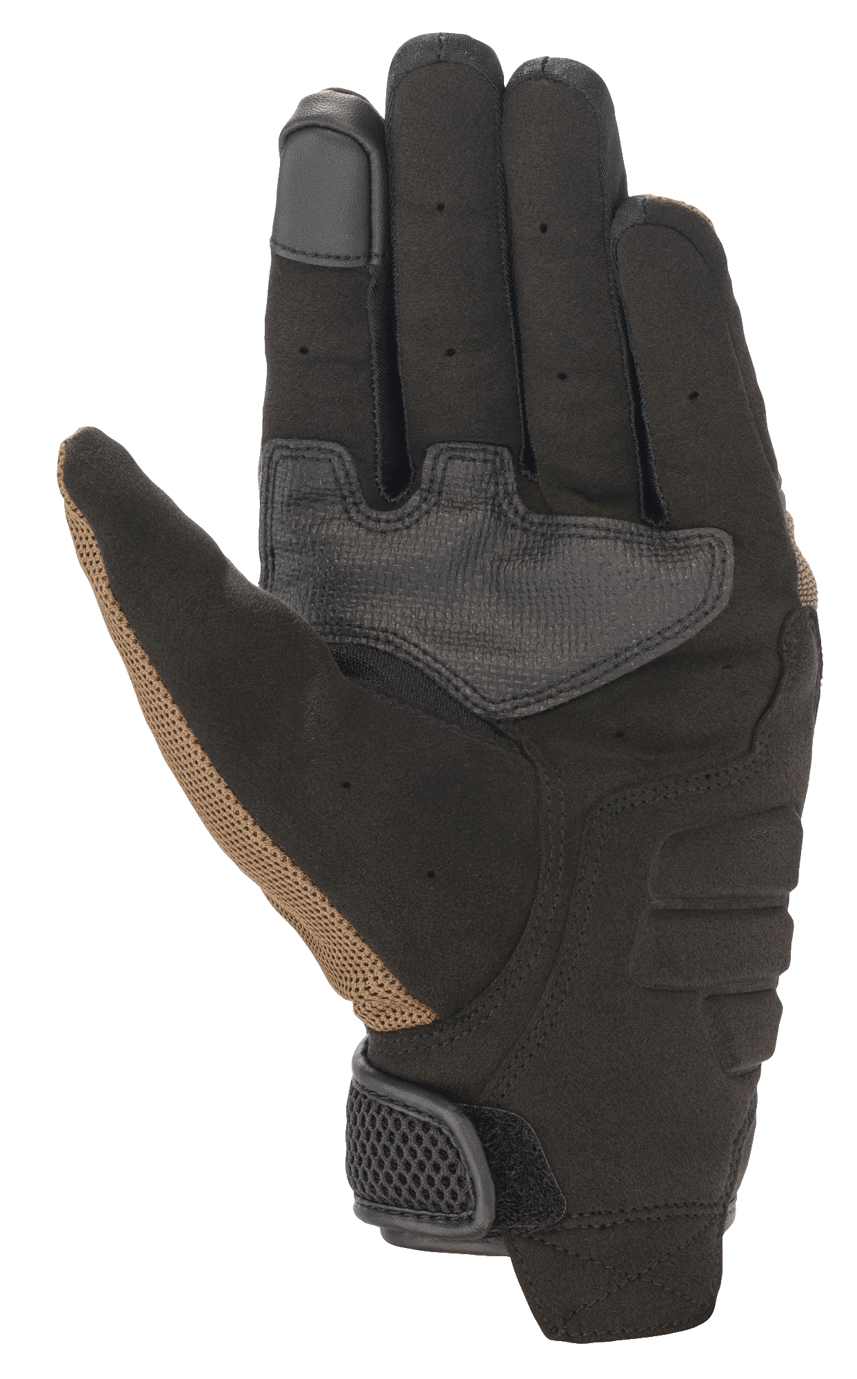 Guantes Alpinestars Copper, guantes de moto urbanos, color teka y negro, vista de la palma con construcción de ante sintético, paneles de agarre reforzados, punta del dedo compatible con pantallas táctiles y detalles perforados en los dedos