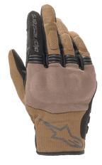 Guantes Alpinestars Copper, guantes de moto urbanos, marrón teca y negro, construcción de malla transpirable, panel texturizado sobre los nudillos, puño corto con el logotipo y la marca de Alpinestars