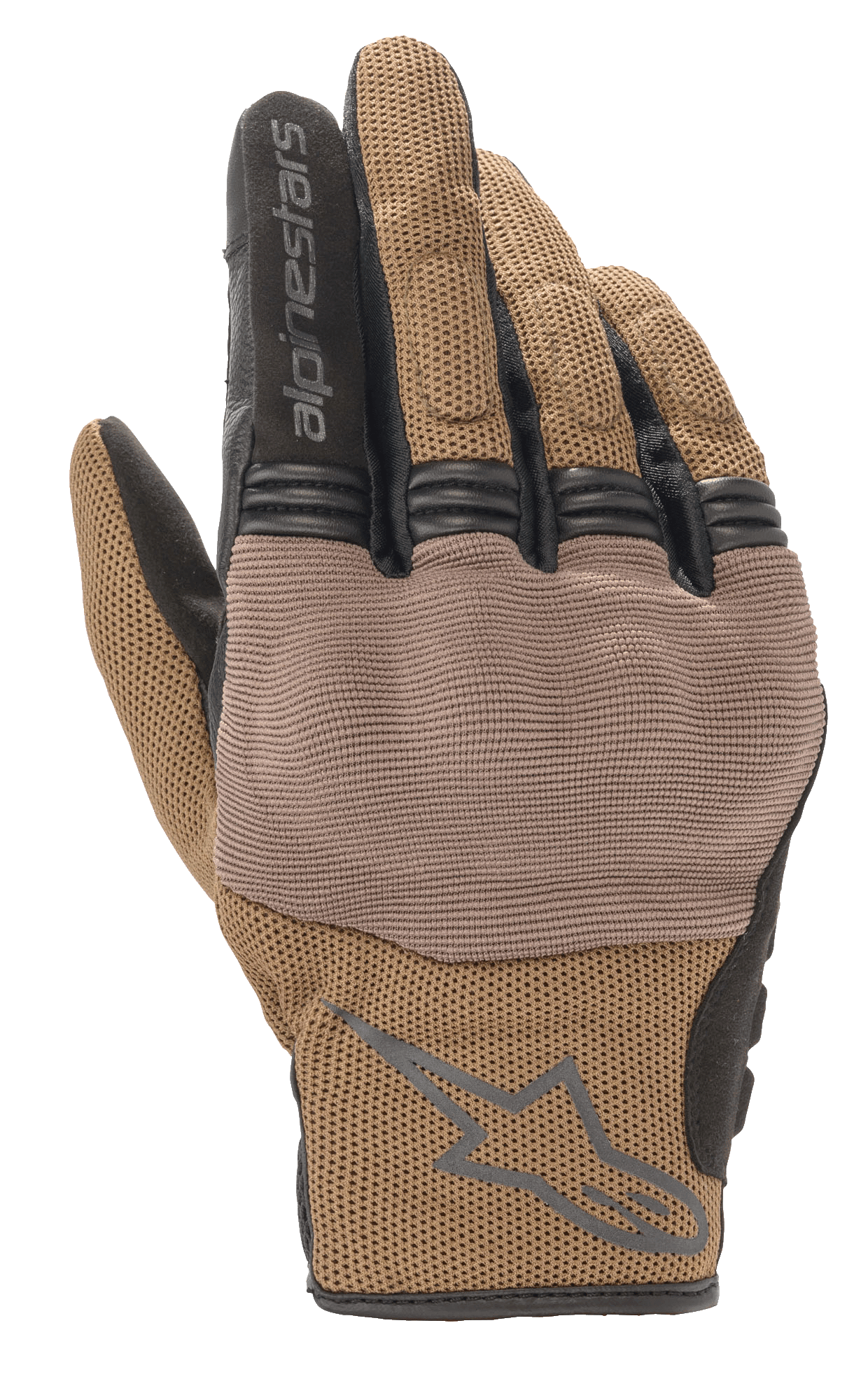 Guantes Alpinestars Copper, guantes de moto urbanos, marrón teca y negro, construcción de malla transpirable, panel texturizado sobre los nudillos, puño corto con el logotipo y la marca de Alpinestars