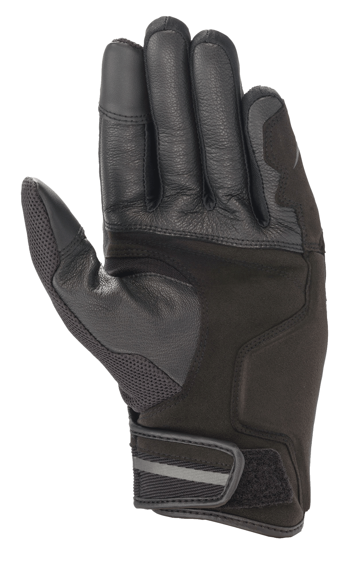 Guantes Alpinestars Chrome, guantes de moto, color Black Forest, vista de la palma con construcción de cuero reforzado y gamuza sintética, panel de malla en el pulgar, y puño corto con cierre de velcro ajustable y detalle reflectante