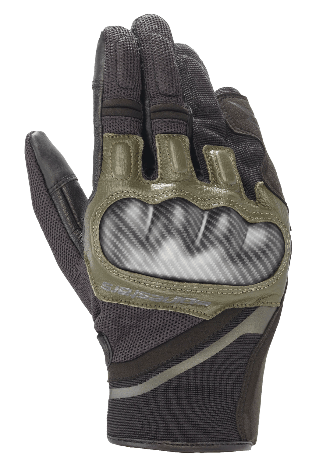 Guantes Alpinestars Chrome, guantes de moto en negro y verde bosque, con protección rígida de nudillos con aspecto de carbono, detalles de cuero verde oliva y construcción textil duradera de varios paneles