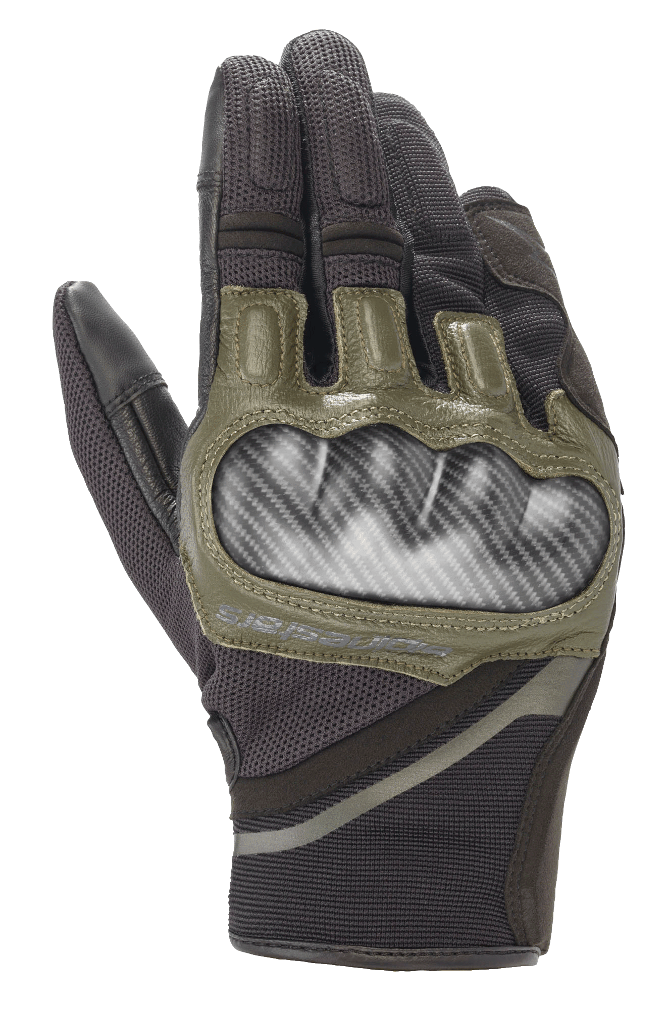 Guantes Alpinestars Chrome, guantes de moto en negro y verde bosque, con protección rígida de nudillos con aspecto de carbono, detalles de cuero verde oliva y construcción textil duradera de varios paneles