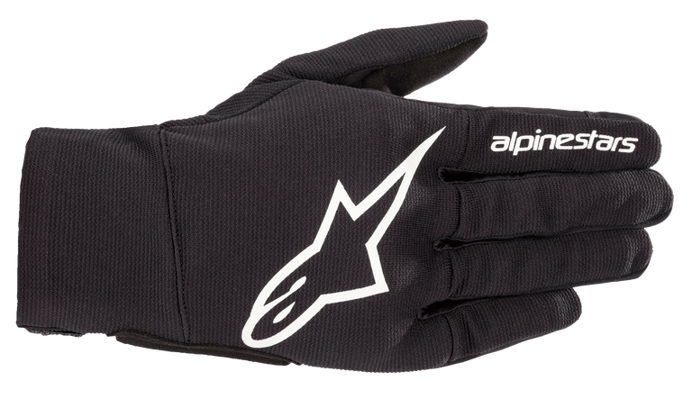 The Reef Gloves from Alpinestars EU are black and feature the Alpinestars logo and branding in white on the backhand. Designed for motorsport or outdoor activities, these gloves have a sleek design, stretch fabric for flexibility, and reinforced stitching.