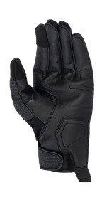 Guantes Alpinestars Morph Street, negros, vista de la palma de un guante de moto de puño corto que muestra la palma de cuero texturizado, puntas de los dedos compatibles con pantallas táctiles y cierre de muñeca ajustable, equipamiento para conducción urbana