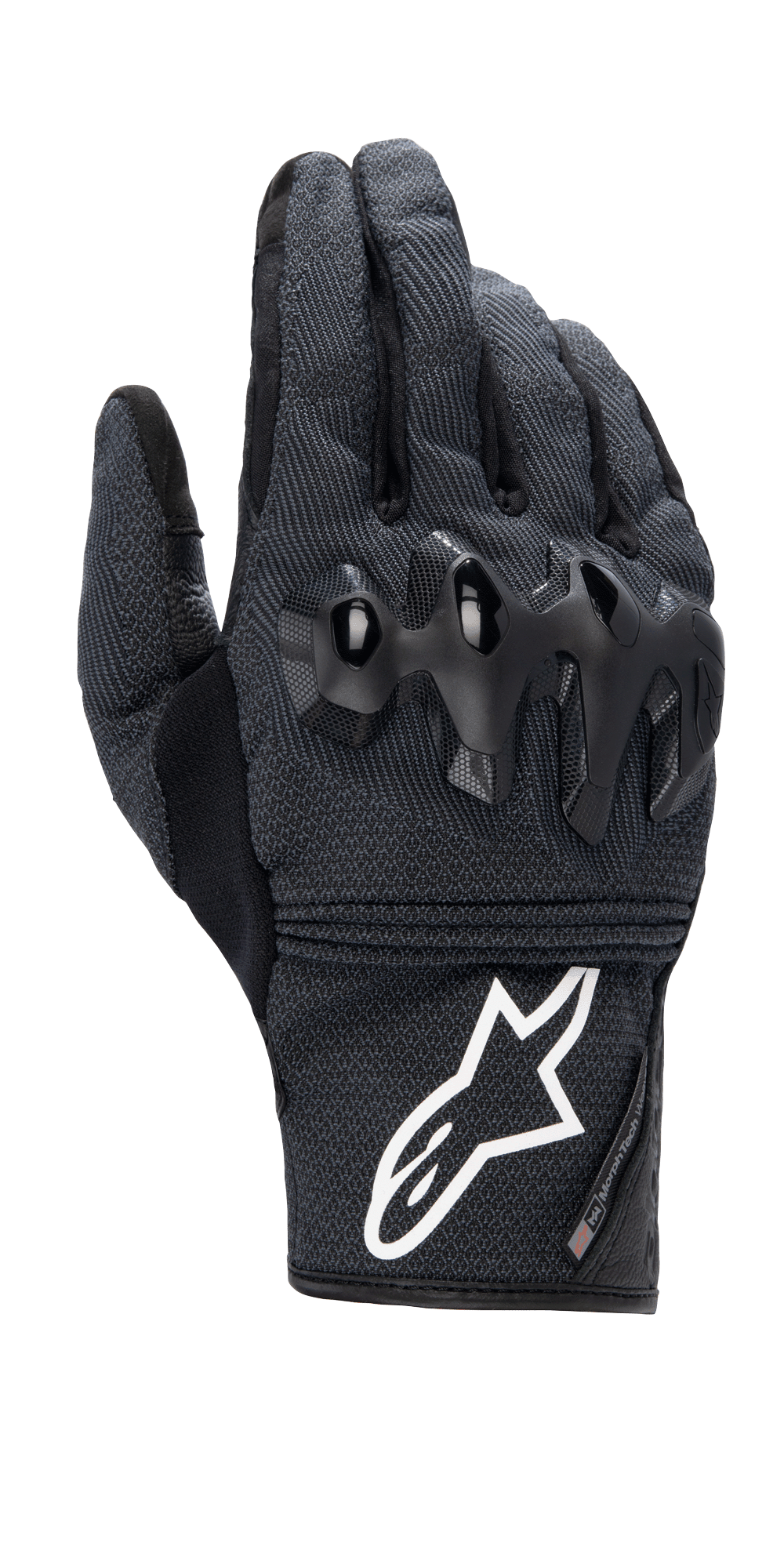 Alpinestars Morph Street Gloves, guantes de moto negros de puño corto, tejido MorphTech Weave texturizado con protección de nudillos en negro brillante, logotipo blanco prominente en el puño, equipamiento para conducción urbana