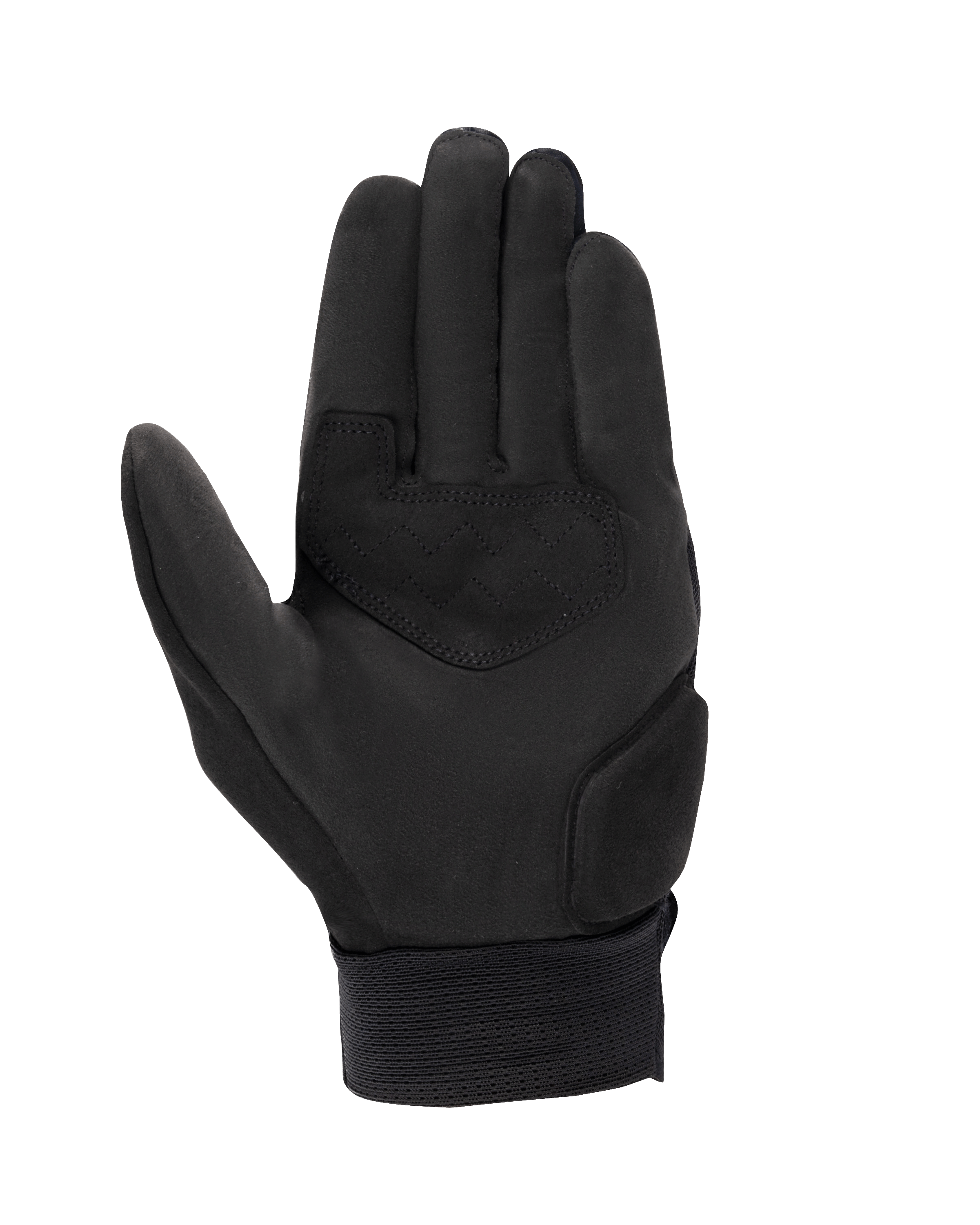 Alpinestars Stated Air Gloves, Motorcycle Gloves, Black, palm view featuring synthetic suede construction, reinforced palm patch with zigzag stitching, and ribbed elastic wrist cuff, urban summer riding gear