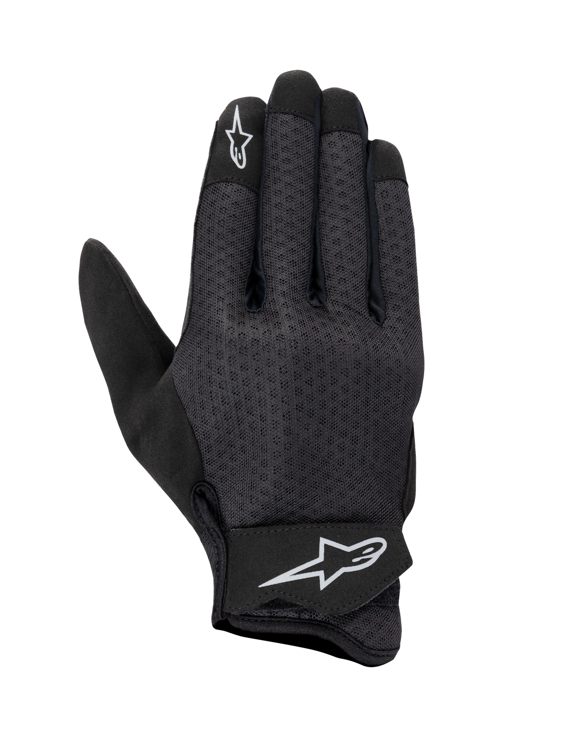 Alpinestars Stated Air Gloves, guantes de moto, negros, dorso de malla para una máxima ventilación, logotipos de estrella blanca en el dedo índice y la correa de la muñeca, cierre de velcro ajustable, material sintético ligero, diseño urbano aerodinámico