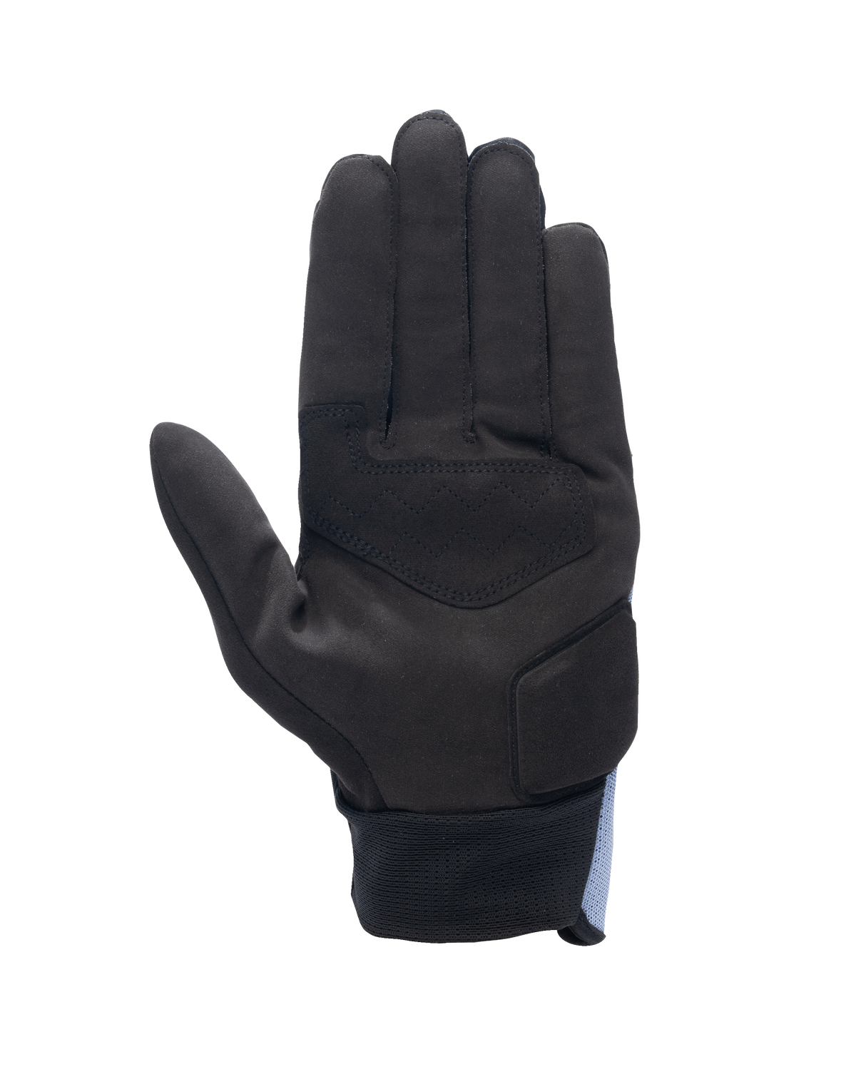 Guantes Alpinestars Stated Air, vista de la palma, Stonewash Blue Black, palma de gamuza sintética negra con refuerzos, cierre de muñeca acanalado, diseño aerodinámico para conducción urbana en verano