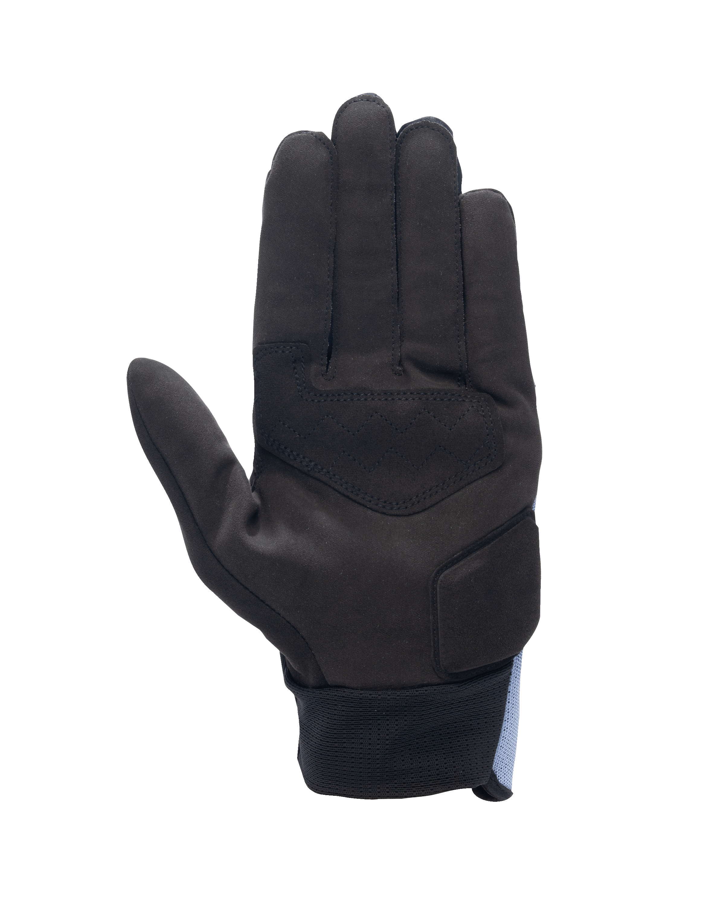 Guantes Alpinestars Stated Air, vista de la palma, Stonewash Blue Black, palma de gamuza sintética negra con refuerzos, cierre de muñeca acanalado, diseño aerodinámico para conducción urbana en verano