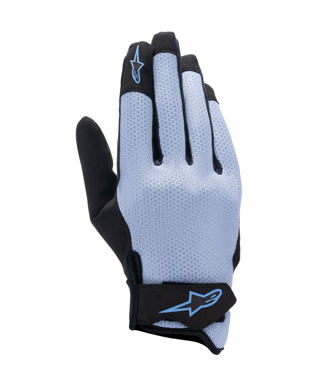 Guantes Alpinestars Stated Air, guantes para moto, azul stonewash y negro, dorso de airprene elástico con textura perforada, logotipo de estrella azul en el dedo índice y el cierre de la muñeca, diseño ligero y transpirable para conducir en verano