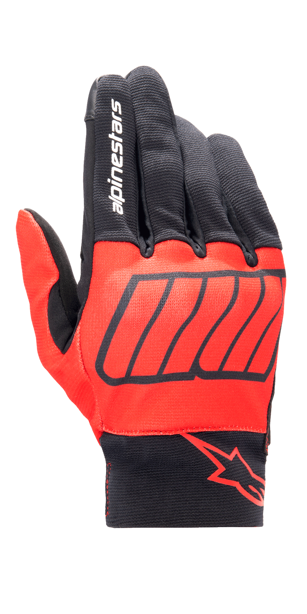 Alpinestars Aragon Glove, Motorcycle Gloves, Bright Red and Black, Marc Marquez MM93 collection, featuring white Alpinestars branding on the index finger and a red star logo on the wrist, textured stretch fabric with diagonal graphics, urban riding design