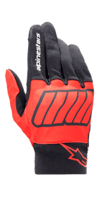 Guante Alpinestars Aragon, guantes de moto, rojo brillante y negro, colección Marc Marquez MM93, con la marca Alpinestars en blanco en el dedo índice y un logotipo de estrella roja en la muñeca, tejido elástico texturizado con gráficos diagonales, diseño de conducción urbana