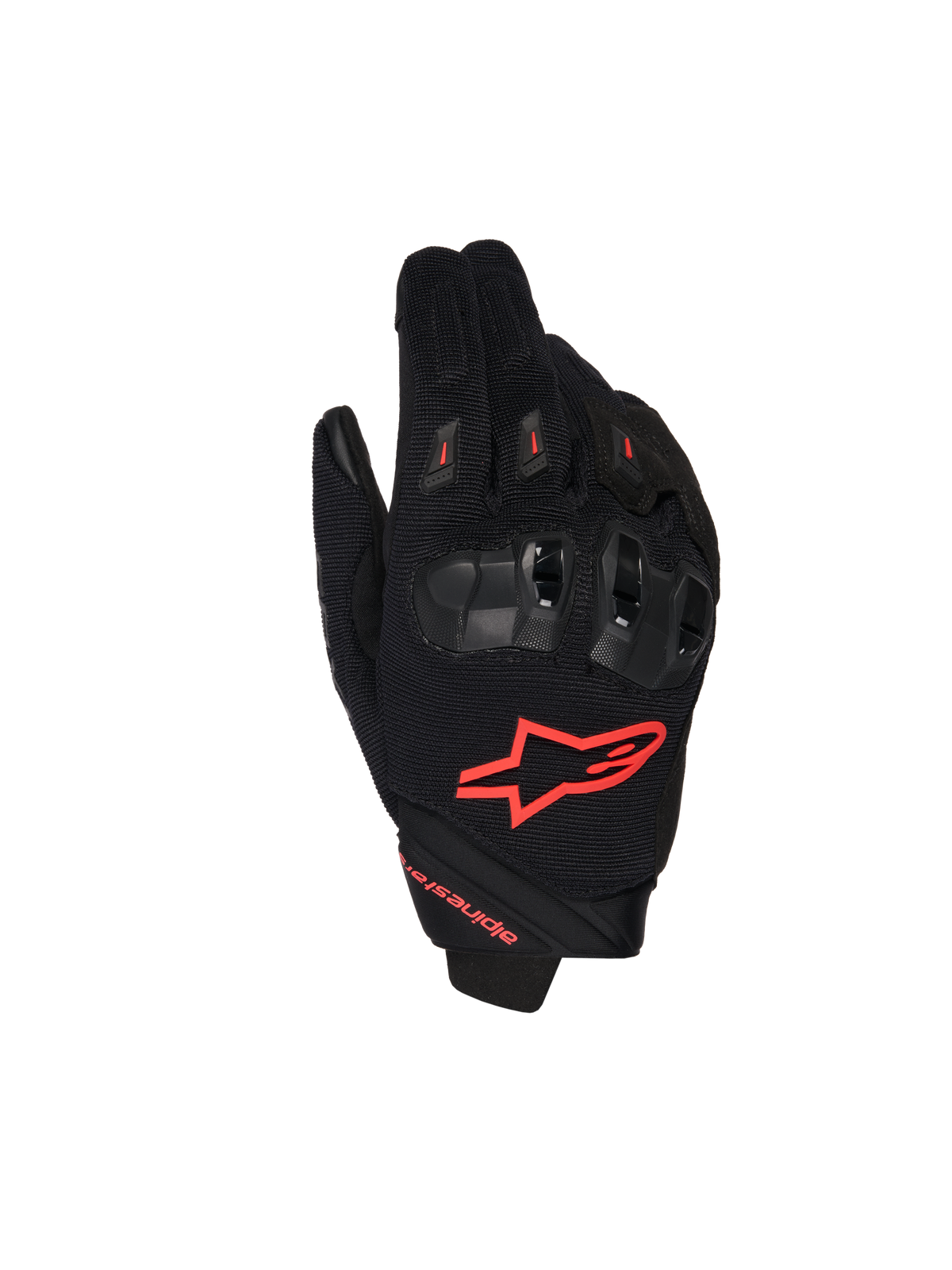 Alpinestars SP X 1 Gloves, Motorcycle Racing Gloves, Black and Red Fluo, featuring a red logo on the backhand, ergonomic black knuckle protectors, mesh textile construction, and sleek short-cuff design for sport riding
