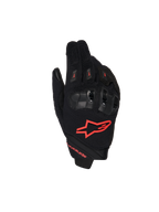 Alpinestars SP X 1 Gloves, Motorcycle Racing Gloves, Black and Red Fluo, featuring a red logo on the backhand, ergonomic black knuckle protectors, mesh textile construction, and sleek short-cuff design for sport riding