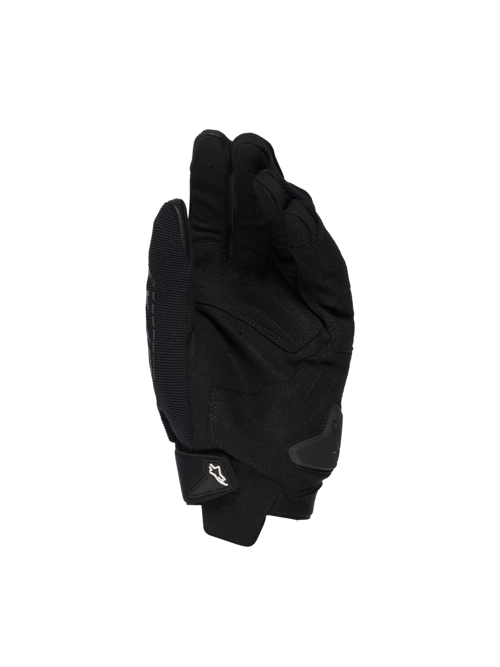Alpinestars SP X 1 Gloves, Black, palm view showing synthetic leather construction for grip, TPR palm slider for impact protection, and adjustable cuff with white Alpinestars logo, motorcycle sport gear